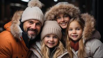 ai gegenereerd glimlachen familie omarmt winter, genieten van natuur schoonheid en saamhorigheid gegenereerd door ai foto