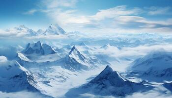 ai gegenereerd majestueus berg piek, sneeuw gedekt landschap, blauw lucht, rustig tafereel gegenereerd door ai foto