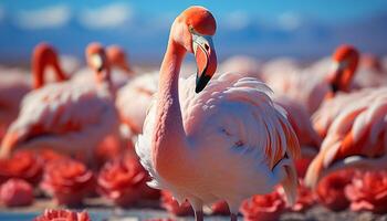 ai gegenereerd levendig roze flamingo sierlijk vliegt over- tropisch blauw wateren gegenereerd door ai foto