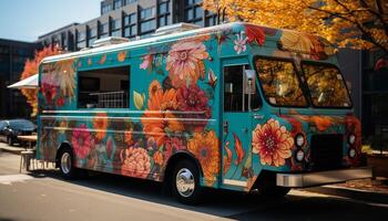 ai gegenereerd toerist bus schijven door levendig stad, presentatie van traditioneel cultuur gegenereerd door ai foto