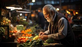 ai gegenereerd een volwassen Mens buying vers biologisch groenten Bij de supermarkt gegenereerd door ai foto