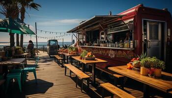 ai gegenereerd houten tafel en stoelen Aan een patio met uitzicht de kustlijn gegenereerd door ai foto