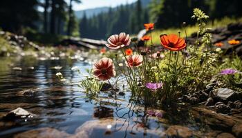 ai gegenereerd de levendig tulp bloesems reflecteren in de rustig vijver gegenereerd door ai foto