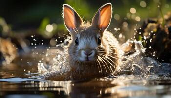 ai gegenereerd schattig konijn zittend door de vijver, op zoek Bij camera gegenereerd door ai foto