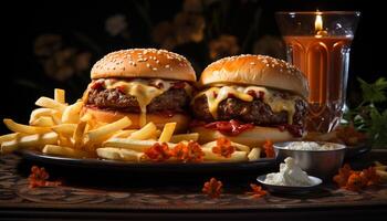 ai gegenereerd fijnproever cheeseburger, gegrild vlees, vers groenten Aan een houten bord gegenereerd door ai foto