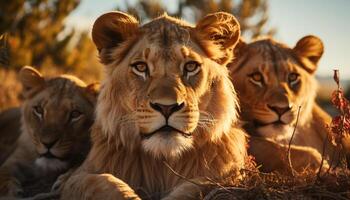 ai gegenereerd majestueus leeuwin verbergt in gras, op zoek Bij camera, wild schoonheid gegenereerd door ai foto