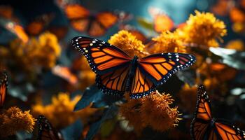 ai gegenereerd de levendig vlinder dansen Aan een geel bloem in zomer gegenereerd door ai foto