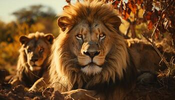 ai gegenereerd majestueus leeuwin wandelen in de Afrikaanse savanne, schuilplaats in duidelijk zicht gegenereerd door ai foto