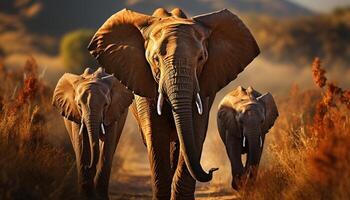 ai gegenereerd majestueus Afrikaanse olifant kudde wandelen in de wildernis Bij zonsondergang gegenereerd door ai foto