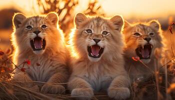 ai gegenereerd schattig katje spelen in gras, geeuwen met aanbiddelijk mond gegenereerd door ai foto