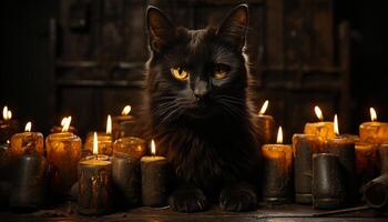 ai gegenereerd schattig katje zittend door kaarslicht, spookachtig halloween viering binnenshuis gegenereerd door ai foto