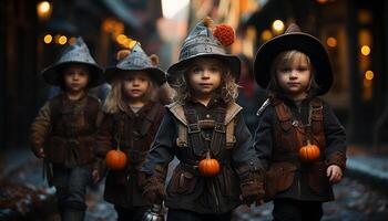 ai gegenereerd glimlachen kinderen spelen, halloween nacht, pompoen decoratie, buitenshuis pret gegenereerd door ai foto