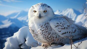 ai gegenereerd besneeuwd uil neerstrijken Aan tak, majestueus schoonheid in natuur gegenereerd door ai foto