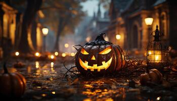 ai gegenereerd spookachtig halloween nacht, pompoen lantaarns gloeiend, herfst viering van angst gegenereerd door ai foto