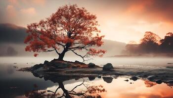 ai gegenereerd rustig herfst Woud weerspiegelt kleurrijk zonsondergang in sereen water gegenereerd door ai foto