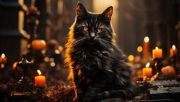 ai gegenereerd schattig katje zittend door kaars, vieren halloween nacht met natuur gegenereerd door ai foto