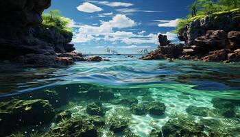 ai gegenereerd tropisch onderwater- landschap vis, koraal, en Doorzichtig blauw water gegenereerd door ai foto