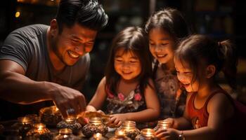 ai gegenereerd familie genieten van een vrolijk nacht, bonding en hebben pret samen gegenereerd door ai foto