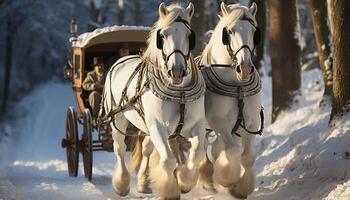 ai gegenereerd paard getrokken slee glijdt door besneeuwd bergen, presentatie van winter schoonheid gegenereerd door ai foto