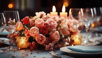 ai gegenereerd romantisch bruiloft viering kaarslicht, elegantie, luxe, romantiek, wijn, boeket gegenereerd door ai foto