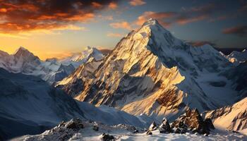 ai gegenereerd majestueus besneeuwd bergen, panoramisch schoonheid, rustig zonsondergang, extreem avontuur gegenereerd door ai foto