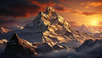 ai gegenereerd majestueus berg piek, besneeuwd en helder, aftekenen tegen dramatisch lucht gegenereerd door ai foto