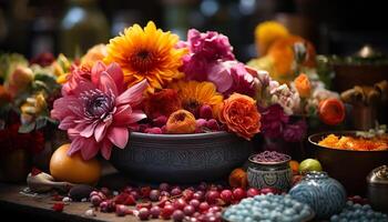 ai gegenereerd een rustiek hout tafel met een vaas van multi gekleurde bloemen gegenereerd door ai foto