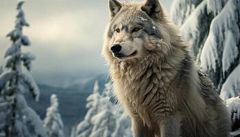 ai gegenereerd majestueus arctisch wolf zitten, aan het kijken winter rustig schoonheid gegenereerd door ai foto