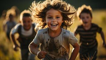 ai gegenereerd glimlachen kinderen genieten van zorgeloos zomer buitenshuis, rennen en spelen samen gegenereerd door ai foto