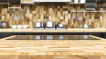 ai gegenereerd keuken met houten teller top en fornuis top oven. generatief ai. foto