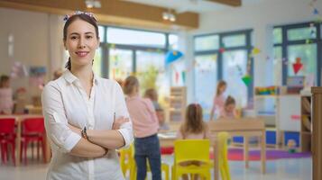 ai gegenereerd vrouw staand in klas, armen gekruist. generatief ai. foto