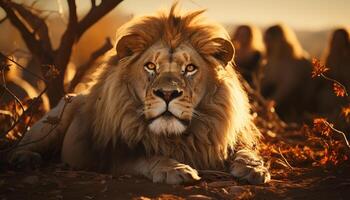 ai gegenereerd majestueus leeuwin resting in de Afrikaanse wildernis Bij zonsondergang gegenereerd door ai foto