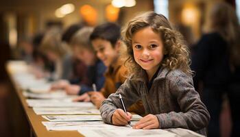 ai gegenereerd glimlachen school- kinderen aan het leren samen, creëren kunst met focus gegenereerd door ai foto