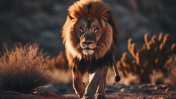ai gegenereerd een leeuw in de savanne. dieren in het wild tafereel. foto