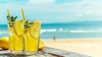 ai gegenereerd twee bril van limonade Aan strand tafel. generatief ai. foto