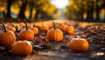 ai gegenereerd herfst oogst pompoen, kalebas, en lantaarn versieren spookachtig nacht gegenereerd door ai foto