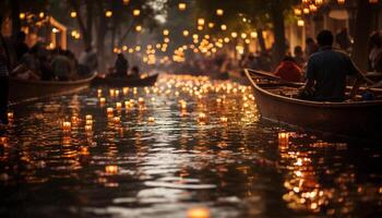 ai gegenereerd mannen roeien zeilboot Aan rustig water onder verlichte stad lichten gegenereerd door ai foto