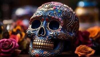 ai gegenereerd dag van de dood viering spookachtige, kleurrijk maskers, traditioneel Mexicaans traditie gegenereerd door ai foto