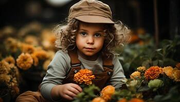 ai gegenereerd glimlachen kind houdt bloem, genieten van natuur schoonheid en onschuld gegenereerd door ai foto