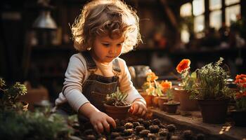 ai gegenereerd een schattig Kaukasisch kind lachend, aanplant een bloem, genieten van natuur gegenereerd door ai foto