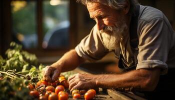 ai gegenereerd senior Mens snijdend vers biologisch tomaten in huiselijk keuken gegenereerd door ai foto