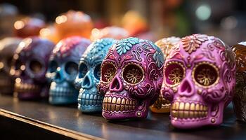 ai gegenereerd dag van de dood viering spookachtig decoratie, kleurrijk schedels, Mexicaans cultuur gegenereerd door ai foto
