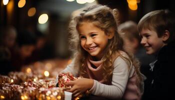 ai gegenereerd glimlachen meisjes, vrolijk jongens, schattig broers en zussen genieten van Kerstmis viering gegenereerd door ai foto