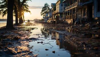 ai gegenereerd zonsondergang over- de stad, reflecterend in de rustig, nat landschap gegenereerd door ai foto