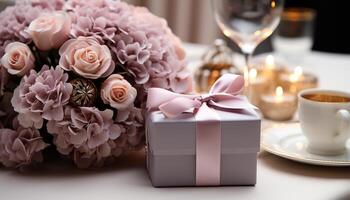 ai gegenereerd romantisch bruiloft viering met elegant decoraties, bloem boeket, en kaars gegenereerd door ai foto