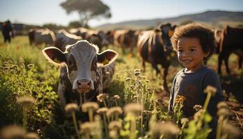 ai gegenereerd glimlachen kind Aan een boerderij, omringd door schattig dieren begrazing gegenereerd door ai foto