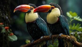 ai gegenereerd levendig toekan neerstrijken Aan tak, presentatie van natuur kleurrijk schoonheid gegenereerd door ai foto