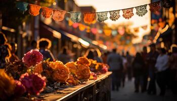 ai gegenereerd traditioneel festival viering met verlichte lantaarns in een druk straat markt gegenereerd door ai foto