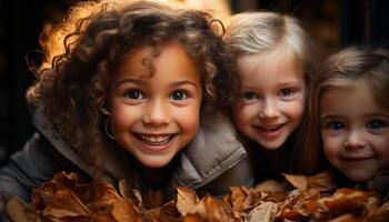 ai gegenereerd glimlachen kinderen spelen buitenshuis, genieten van herfst natuur, vrolijk en schattig gegenereerd door ai foto