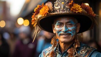ai gegenereerd glimlachen mannen en Dames in traditioneel kleding vieren inheems cultuur gegenereerd door ai foto